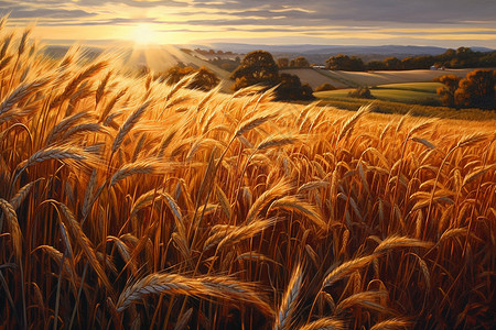 风吹打麦浪一幅精致细致的麦田油画插画