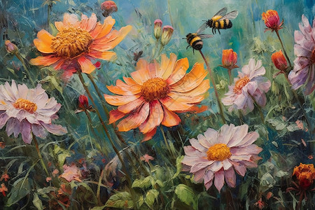 油画风花丛中的蜜蜂图片
