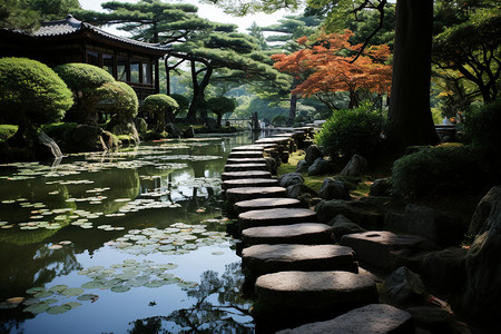 花园的建筑和池塘背景图片