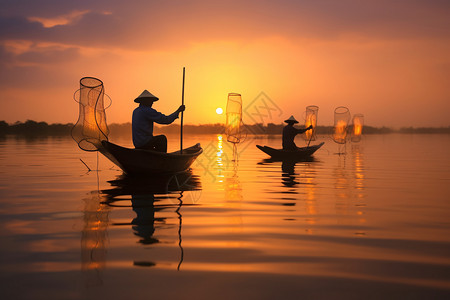 日落时钓鱼的农民图片