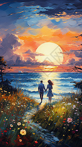 一对夫妇日落一对夫妇在海边散步插画