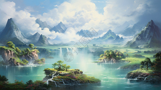 白云瀑布和青山美丽的绿水青山风景插画