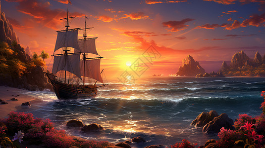 日落海洋上的帆船图片