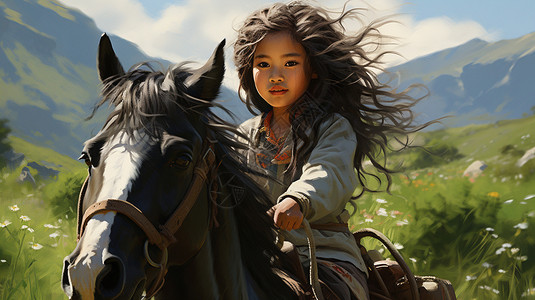 在这个公主藏族小公主，在草地花园里骑马到远方背景