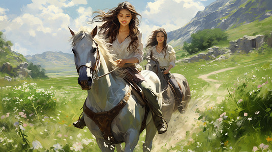 女孩在草原上骑马图片