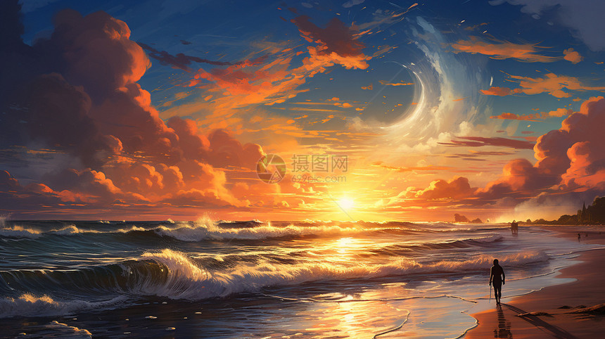 海边日落插画图片