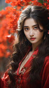 红色汉服的美女背景图片