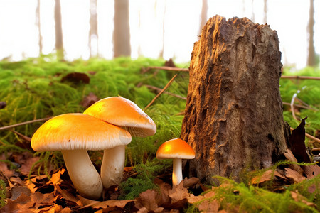 黄色斑纹枯树旁边的毒蘑菇背景