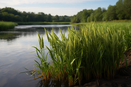 大麦叶子河流里密集生长的植物背景