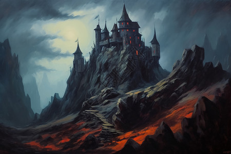 哥特建筑暗黑风超现实主义城堡插画