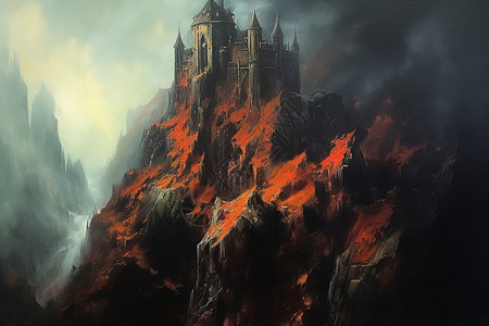 哥特建筑坐落在悬崖上的城堡插画