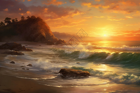 浪漫夕阳下的海岸线图片