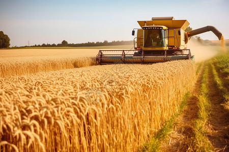 夏天清爽场景小麦成熟拖拉机收获背景