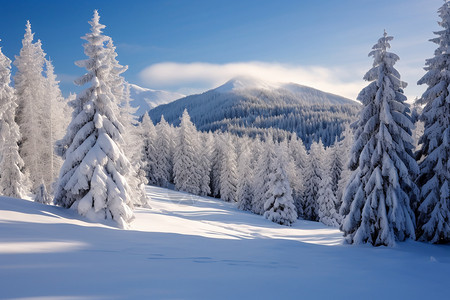 雪松树和森林白雪皑皑的雪山背景