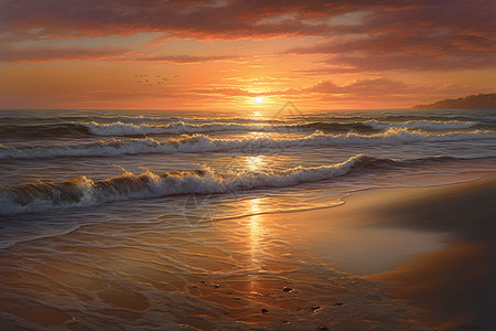 金色海浪日落时分金色的海滩插画