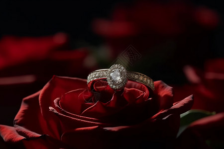 玫瑰花上的钻石戒指背景图片