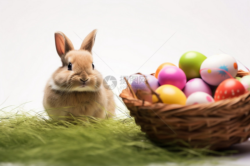 复活节彩蛋旁的小兔子图片