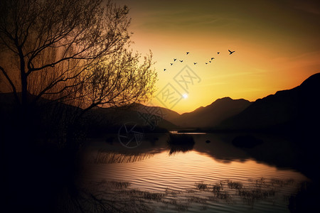乡村池塘上的落日图片