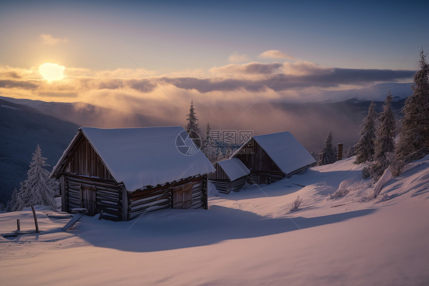 日出下的雪山木屋图片