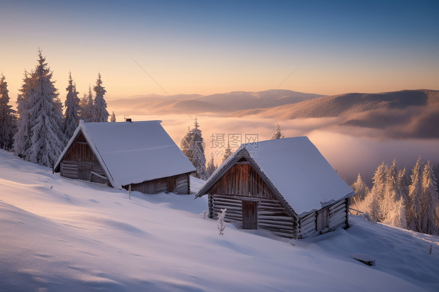 冬季山中的小木屋图片