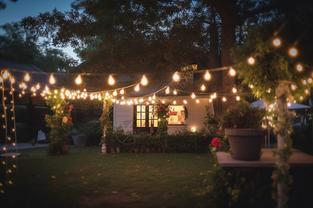 夜晚亮灯的庭院高清图片
