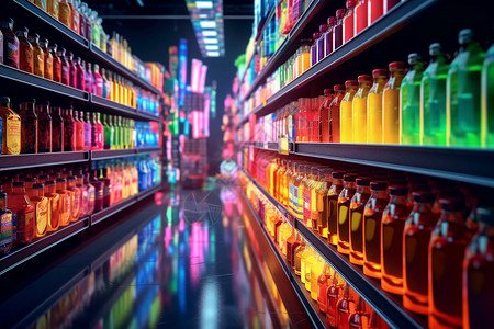 超市果汁货架上各种各样的饮料设计图片
