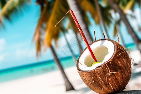 沙滩上美味的椰子背景图片
