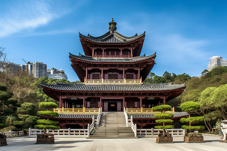 城市中的佛教建筑背景图片