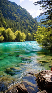 清澈见底小溪清澈见底的山间小湖背景