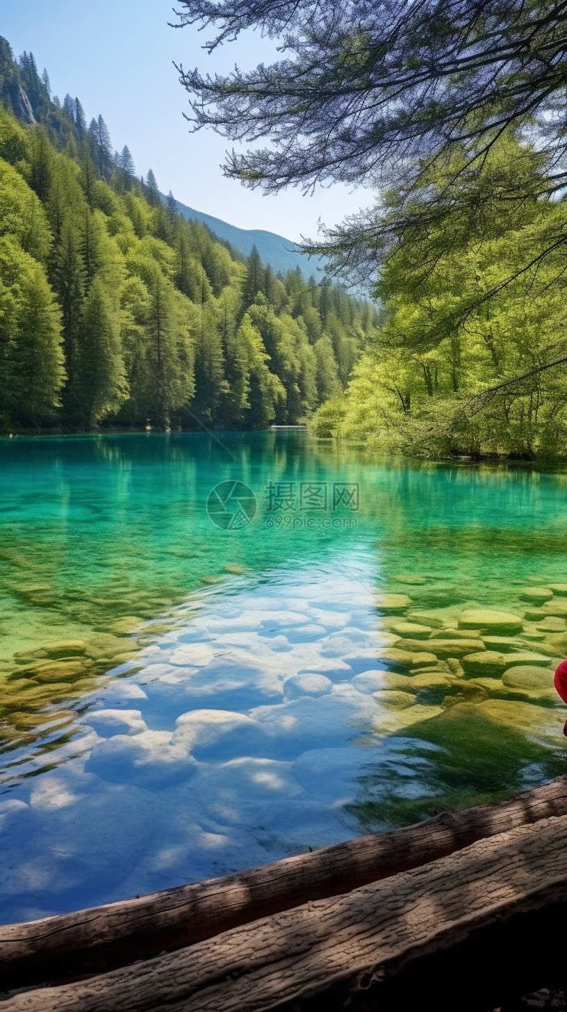 碧绿的林中小湖图片
