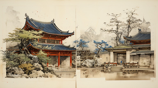 仿古中国庭院国画背景图片
