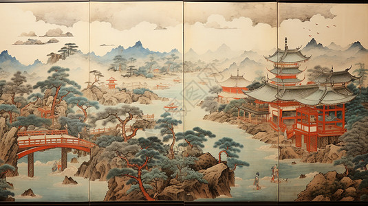 仿古画仿古中国古建筑画插画