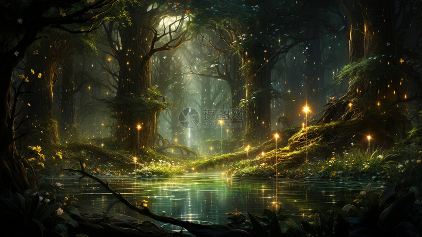 萤火虫闪耀的森林图片