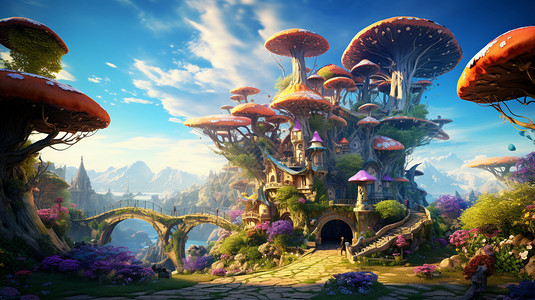 很多蘑菇梦幻的童话城堡插画