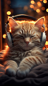 动物耳机素材戴耳机听歌的猫背景