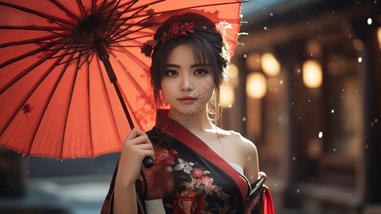 雨天纸伞撑伞的少女背景