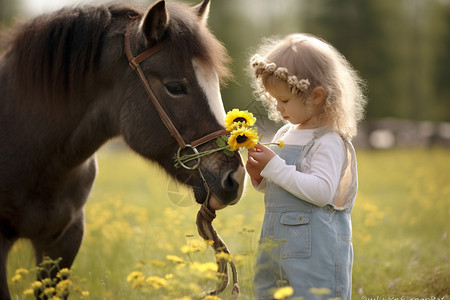 草地上的小马和小女孩图片