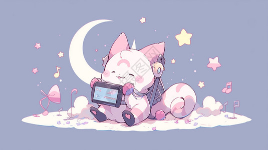 可爱的猫咪坐在月亮上玩手机听音乐图片