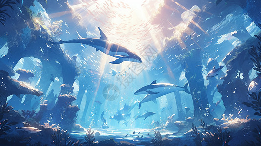 小鱼与海豚美丽海底世界插画