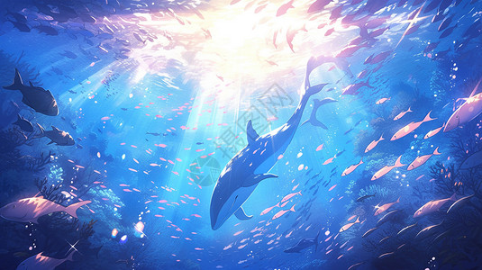 小鱼与海豚奇幻的海底世界插画