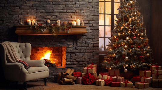 壁炉旁的圣诞树装饰图片