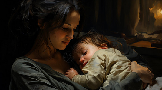抱着孩子的母亲油画插图背景图片