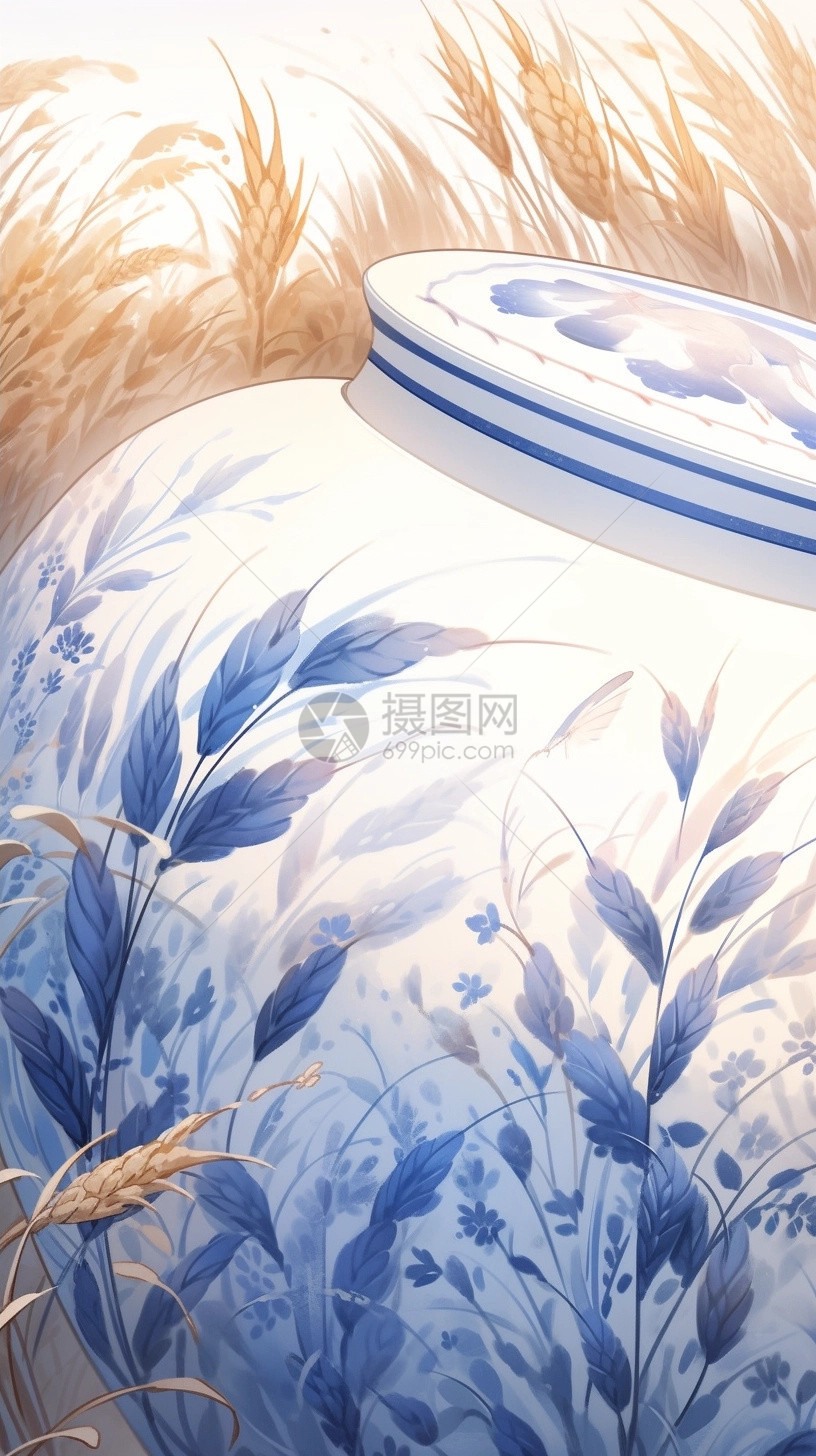 小麦田中的青花瓷艺术插图图片