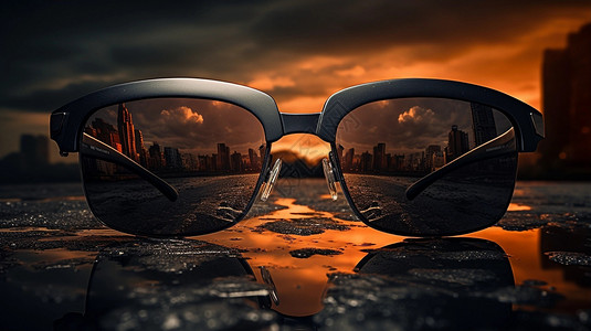 创意戴墨镜太阳太阳镜创意城市背景桌面设计图片