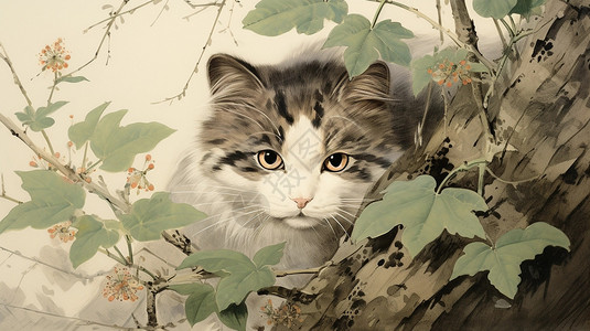 大树上的小猫插图背景图片