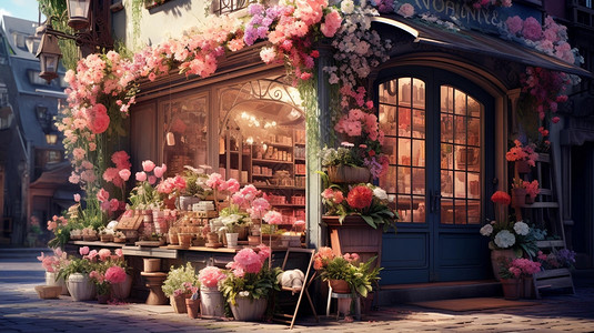 花店橱窗街头的奇妙花店艺术插图插画