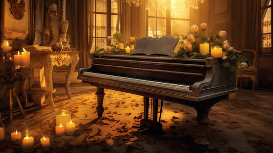 钢琴音调素材烛光钢琴音乐会插画