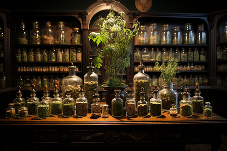 古董药柜里的草药背景图片