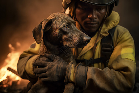 火场中的小狗和消防员图片