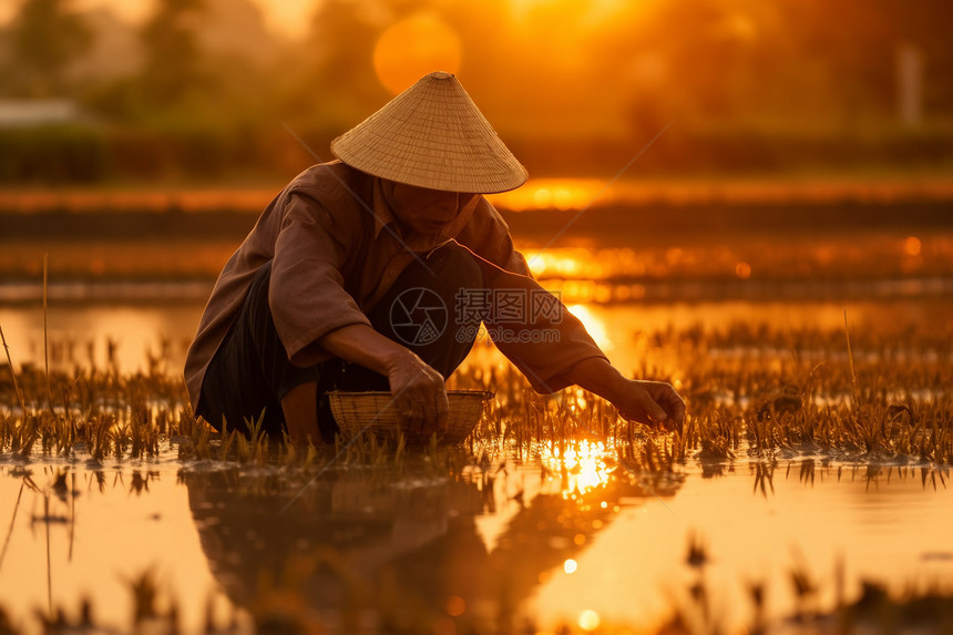 夕阳下打理水稻的农民图片